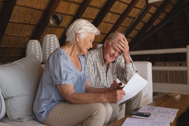 Senior couple sitting in living room, reviewing medical bills with concerned expressions. Useful for topics related to elderly financial planning, healthcare costs, retirement budgeting, and family support. Ideal for articles, blogs, and advertisements focusing on senior care, financial advice, and healthcare expenses.