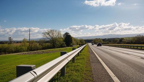 Metal guardrail leading toward horizon along sunny rural highway with cars and open sky