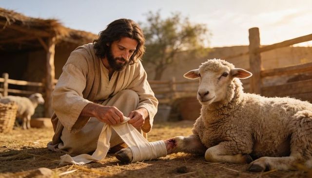 Middle eastern shepherd tending injured sheep with gentle bandage care in rural farmyard