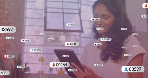 Smiling Woman Managing Digital Notifications in Modern Office