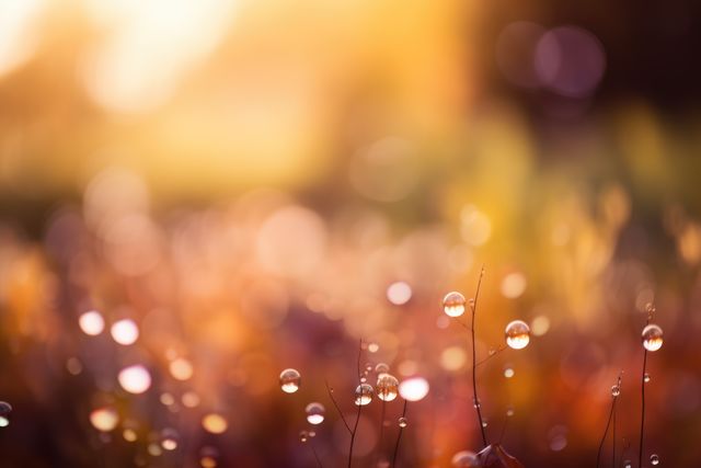 Plants and yellow sunlight with bokeh lights and water drops, created using generative ai technology. Atmospheric nature bokeh background, digitally generated image.