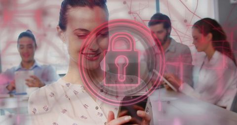 Woman Using Smartphone Overlaid with Digital Security Lock