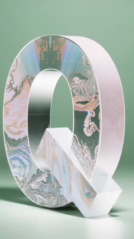 Rotating 3D Q revealing marbled surface and silver frame for vertical branding