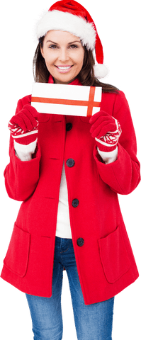 Smiling Woman Holding Gift Wearing Santa Hat Transparent Background