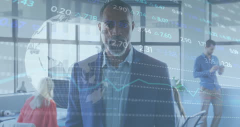 Confident Businessman Overlaid with Stock Market Analytics