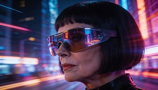 Senior woman wearing mirrored visor gazing through cyberpunk neon city streets at night