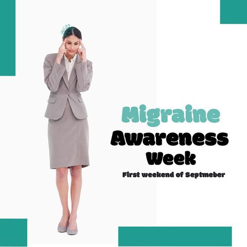 Businesswoman Holding Head in Pain for Migraine Awareness Campaign