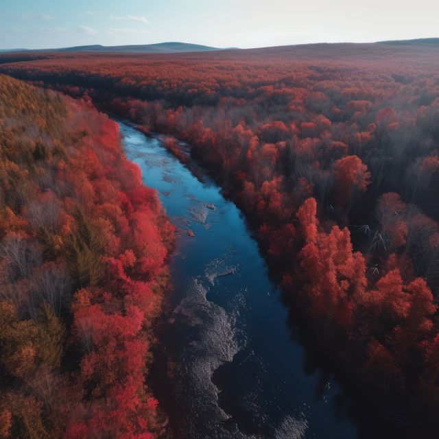 Aerial shot of river in forest, created using generative ai technology. Landscape, autumn, tranquillity and nature concept digitally generated image.
