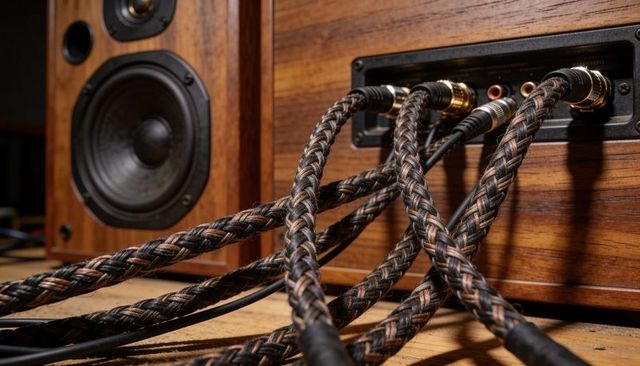 Braided speaker cables connecting to wood hi-fi amplifier with gold-plated terminals