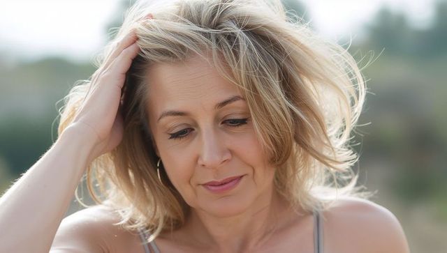 Mature woman touching windblown hair outdoors, serene contemplative headshot