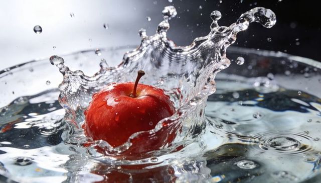 Dropping red apple creating crown splash with high-speed water droplets and ripples