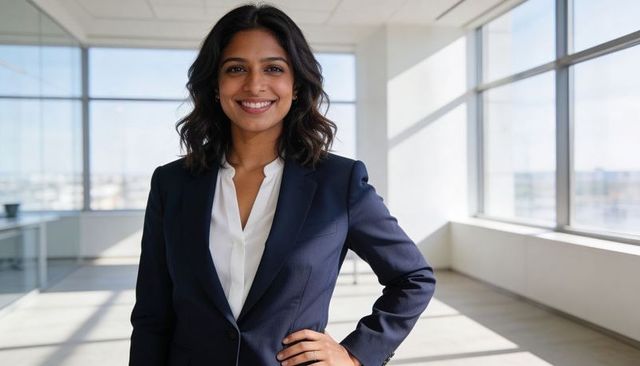 Smiling executive in navy suit standing in sunlit modern office, confident leadership