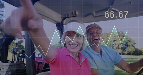 Senior Couple Enjoying Golf Game with Market Graph Overlay