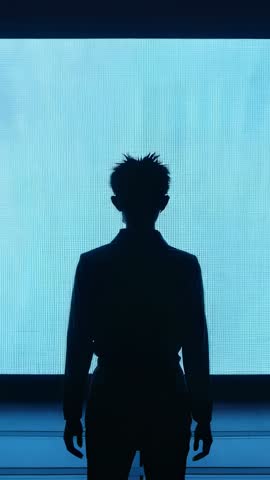 Backlit silhouette standing before luminous blue LED panel in vertical studio video