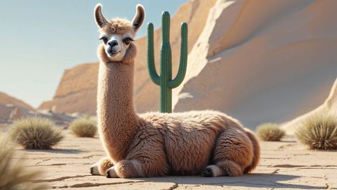 Fluffy brown llama relaxing in desert landscape under cactus