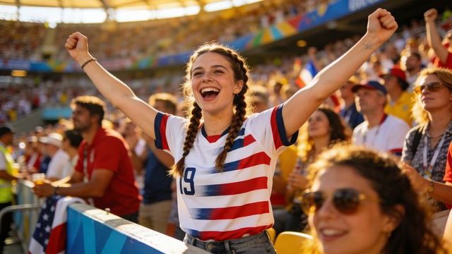 Cheering female fan raising arms in stadium front row wearing number 19 team jersey