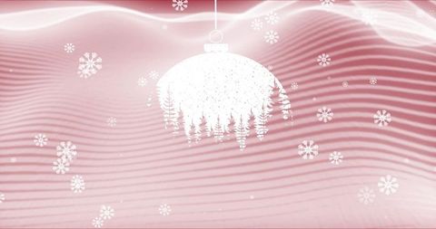 Minimalist pastel pink holiday ornament with forest silhouette, snowflakes and wavy gradient