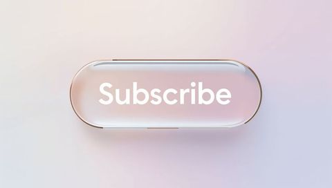 Glowing glass subscribe button with metallic rim on pastel gradient for ui design