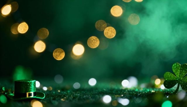Sparkling emerald hat and shamrock glittering on tabletop with gold bokeh lights