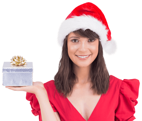 Smiling Woman in Santa Hat Holding Gift Box Transparent Background