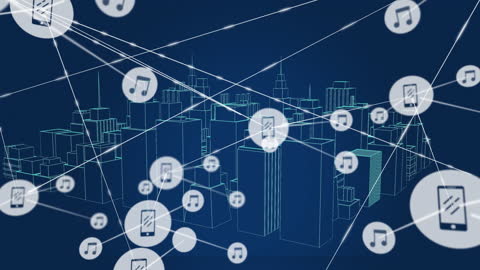 Digital Network with Music Note Icons Over Cityscape
