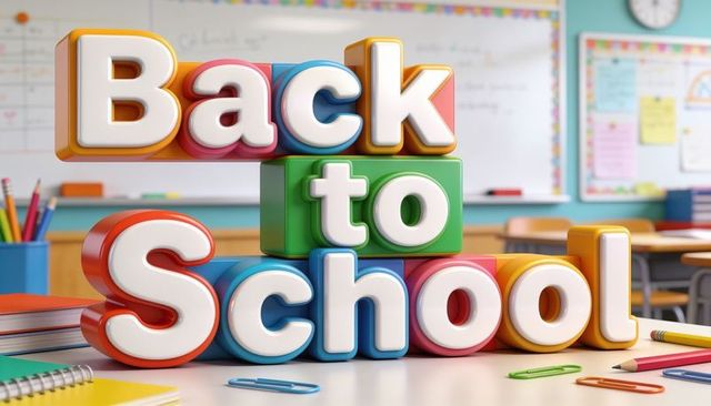 Back to school 3d block letters on classroom desk with colorful stationery and notebooks