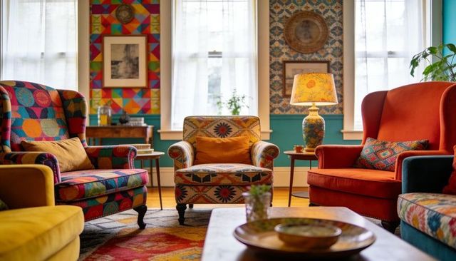 Bohemian living room featuring central sunburst armchair with mustard cushion