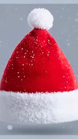Falling snow revealing red Santa hat with fluffy brim and pom closeup vertical video
