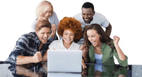 Group of diverse colleagues sitting around laptop, expressing excitement and success on transparent background. Suitable for themes of teamwork collaboration, business achievement, and workplace celebration marketing materials.