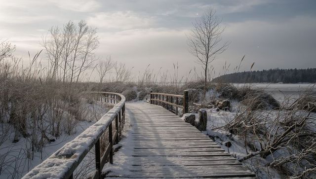Curving snowy boardwalk leading through winter marsh toward frozen lake shoreline