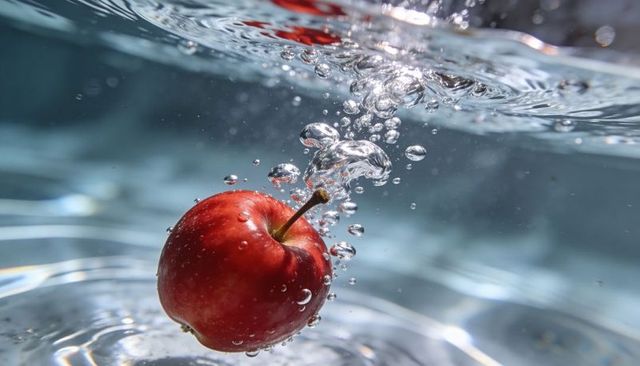 Red apple plunging into clear water creating dynamic bubbles, ripples and caustic light