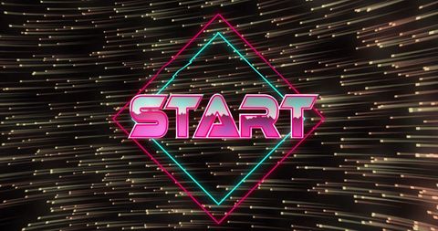 Retro neon start button with futuristic digital effect
