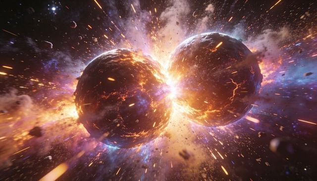 Colliding molten planets creating fiery cosmic impact with ejecting debris and plasma