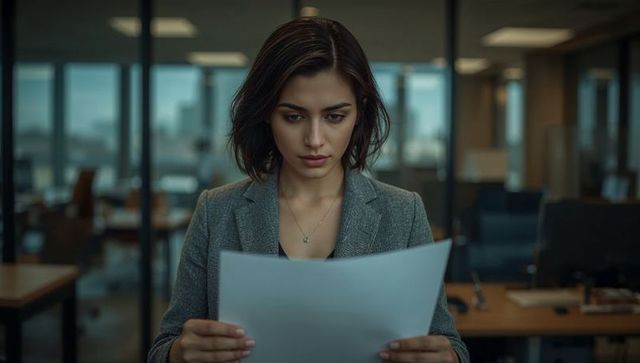 Young professional woman reading important document in modern glass-partition office
