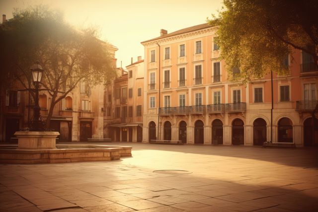 Historic European square bathed in early morning sunlight creates a serene, tranquil atmosphere. Ideal for travel blogs, tourism promotions, city guidebooks, and architectural magazines highlighting beautiful European destinations.
