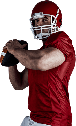 Transparent young athlete in red gear throwing football pass