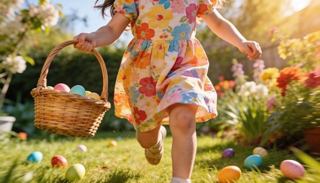 Sunlit easter egg hunt with running girl in floral dress carrying wicker basket in garden