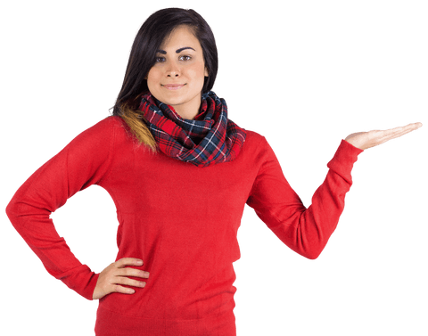 Smiling Woman in Red Sweater and Tartan Scarf with Hand Raised