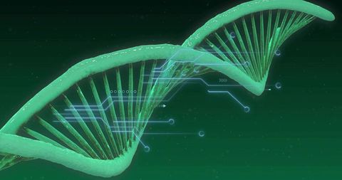 Futuristic green dna double helix rotating with hud overlay for biotech visualization