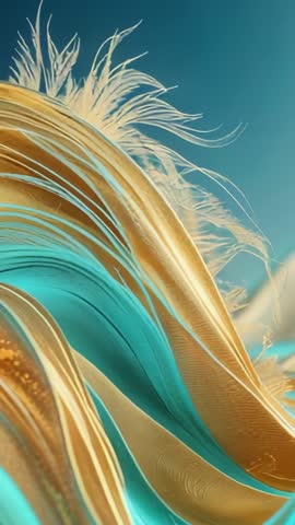 Undulating Gold-Teal Ribbons with Feathered Tips Flowing in Vertical Abstract Motion