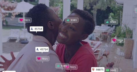 Kissing black couple sharing social media love with follower and like overlays on porch