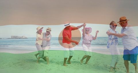 Elderly Friends Dancing on Tropical Beach, Joyful Vacation