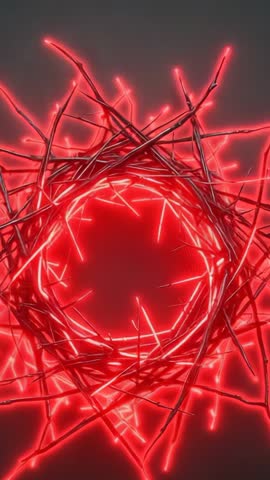 Neon twig wreath forming glowing red ring and void in looping vertical video for tech visuals