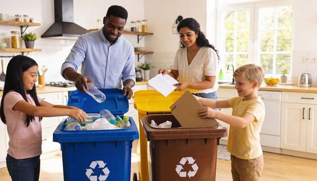 Family sorting recycling at home with color-coded bins promoting sustainable living and teamwork