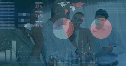 Team Analyzing Financial Data with Digital Overlays in Office