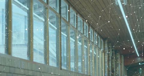 Modern Industrial Corridor with Glass Windows, Wooden Frames and Digital Network Overlay