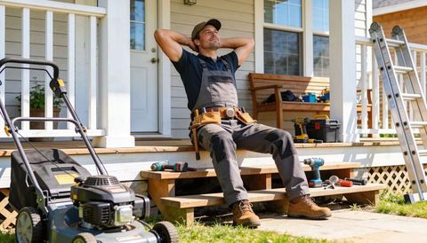 Handyman relaxing on porch steps with tool belt, power drills, ladder and lawn mower