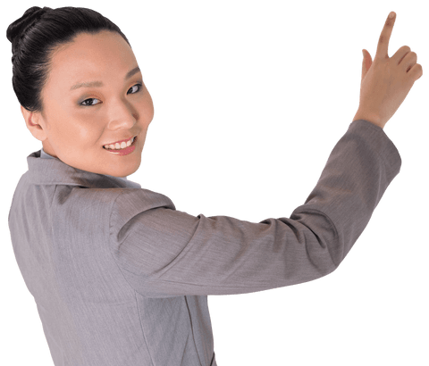 Confident Businesswoman Pointing With Enthusiasm on Transparent Background