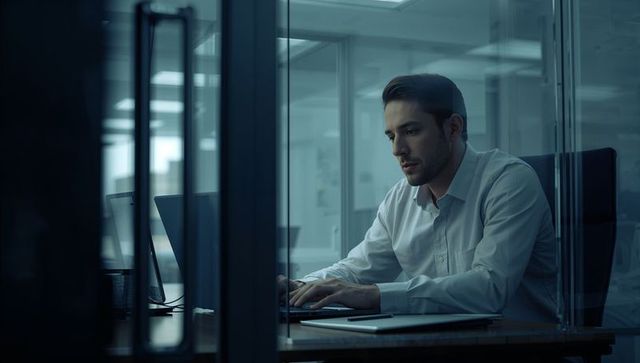 Focused young professional typing on laptop behind glass partition in modern office