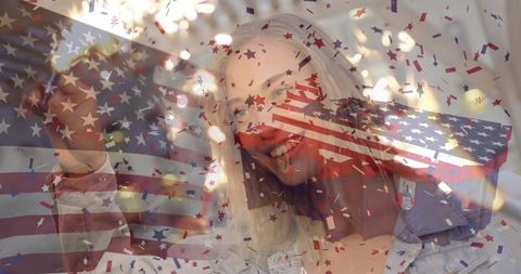 Joyful Celebration with US Flag and Confetti Overlay